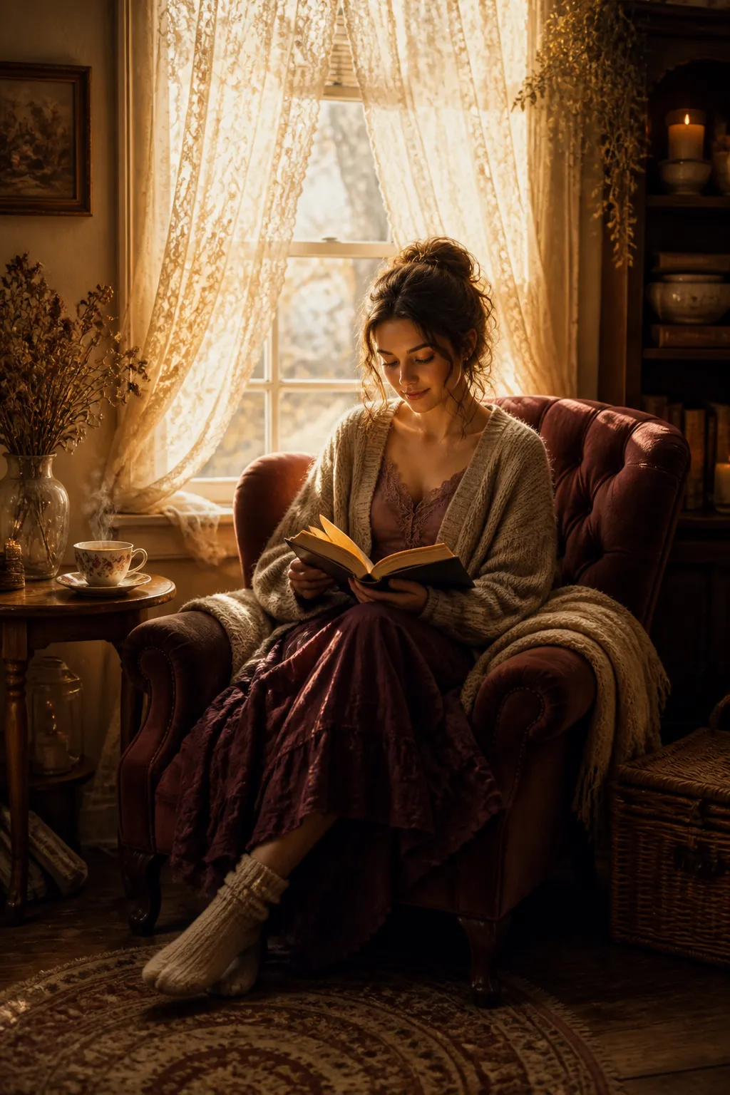 A cosy reading nook with warm afternoon light, an open book, and a steaming cup of tea